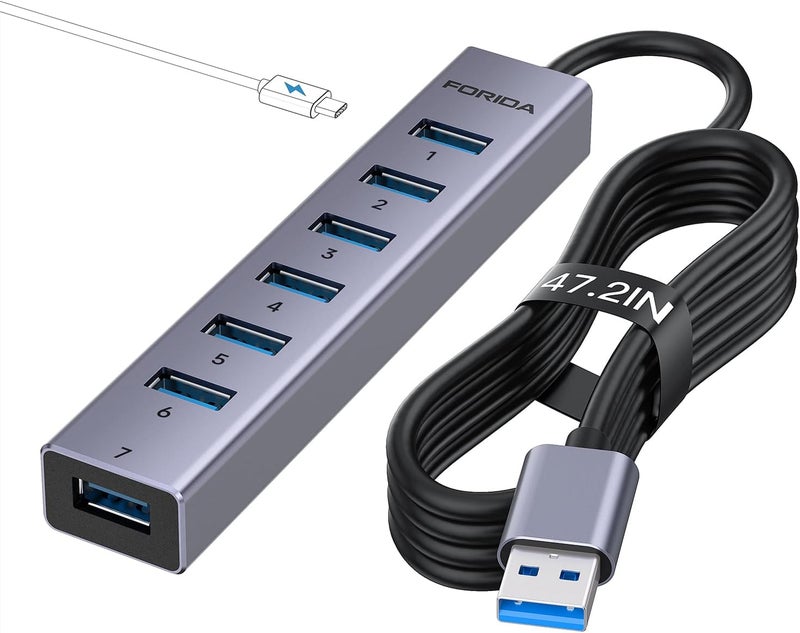 Florida محور USB 8 منافذ من سبائك الألمنيوم مع كابل طويل وموزع USB مع 7 منافذ بيانات USB 3.0 ومنفذ طاقة TypeC 5V/3A متوافق مع MacBook، الكمبيوتر المحمول، Surface Pro، PS5، الكمبيوتر الشخصي والمزيد (رمادي، USB A-47 بوصة) - Image 1